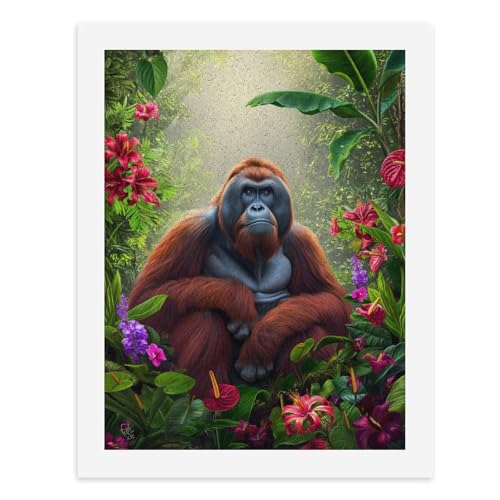 Malen nach Zahlen, ein majestätischer Orang-Utan, umgeben von lebendigen Blumen in einem üppigen Dschungel, digitales Gemälde für Erwachsene, Kunstwerk für Wanddekoration, einzigartiger moderner von Generisch