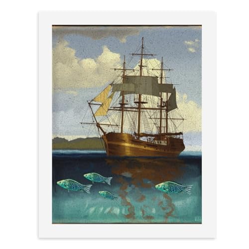 Malen nach Zahlen, ein majestätisches Schiff, Segel auf ruhigen Gewässern, begleitet von lebendigen Fischen, digitales Gemälde für Erwachsene, Kunstwerk für Wanddekoration, einzigartiger moderner von Generisch