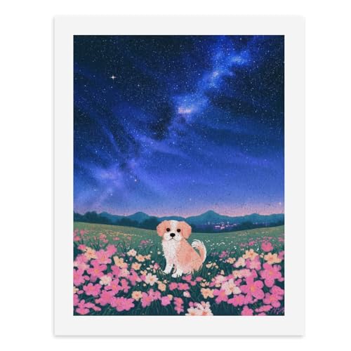 Malen nach Zahlen, ein süßer Welpe, der auf einem Feld von Blumen unter einem Sternenhimmel sitzt, digitales Gemälde für Erwachsene, Kunstwerk für Wanddekoration, einzigartiger moderner abstrakter von Generisch