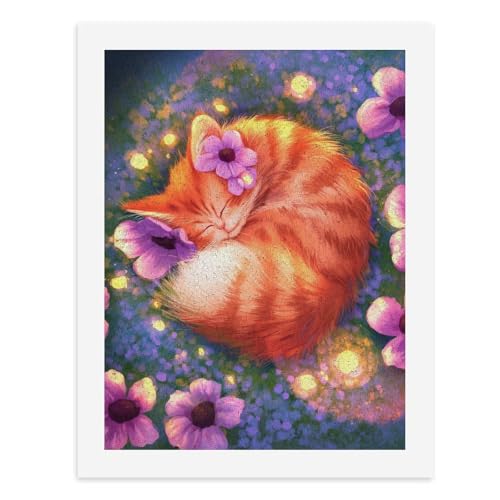 Malen nach Zahlen, ein süßes orangefarbenes Kätzchen, das unter bunten Blumen schläft, digitales Gemälde für Erwachsene, Kunstwerk für Wanddekoration, einzigartiger moderner abstrakter Druck von Generisch
