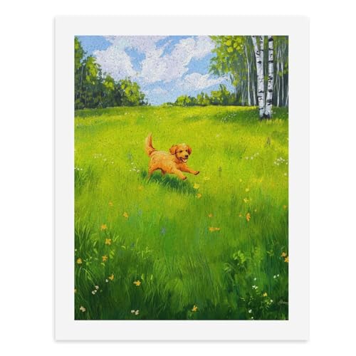 Malen nach Zahlen, ein verspielter Golden Retriever in einem lebendigen grünen Feld mit gelben Blumen, digitales Gemälde für Erwachsene, Kunstwerk für Wanddekoration, einzigartiger moderner abstrakter von Generisch