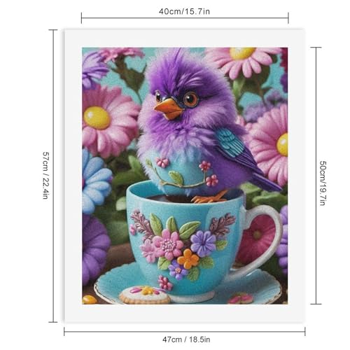 Malen nach Zahlen Ein süßer violetter Vogel, der in einer bunten Tasse sitzt, umgeben von Blumen. Digitales Malset für Erwachsene, 40 x 50 cm von Generisch