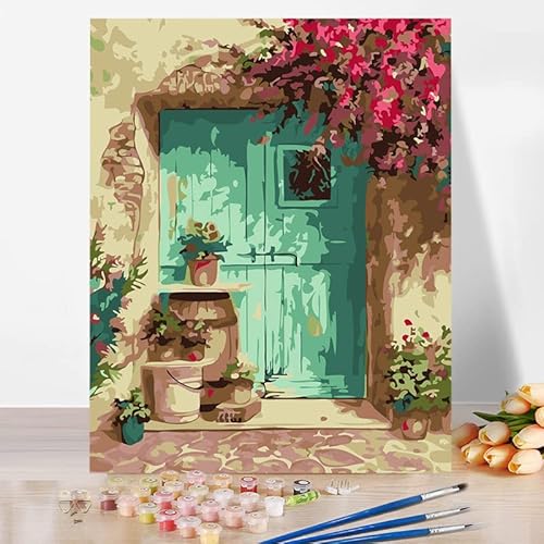 Malen nach Zahlen Erwachsene Mode Tür Blumenwand Garten Muster DIY Öl Leinwand Gemälde Set Anfänger ältere Acrylpigment Malen Malerei kreatives Geschenk Home Haus Deko 40x50cm (Mit Rahmen) von Generisch