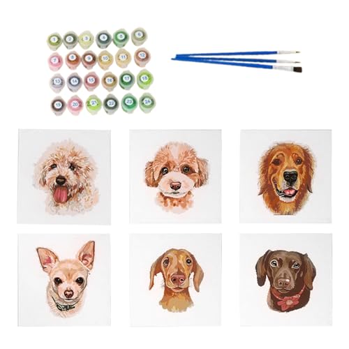 Malen nach Zahlen Hund Welpe Zeichnung Kit mit Rahmen 6 Pack Tiernummernmalerei Lebendige Kunst Bastelset Einfaches kreatives Projekt Perfekt für Schule Klassenzimmer Wohnzimmer von Generisch