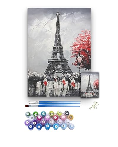 Malen nach Zahlen für Erwachsene: DIY Kunst-Set, Paris, Eiffelturm, 30x40cm. Als Geschenk für Kinder und Erwachsene/Premium Set/Inklusive 3 verschiedene Pinsel, Acrylfarben und Haken (Variante 3) von Generisch