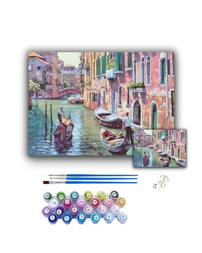 Malen nach Zahlen für Erwachsene: DIY Kunst-Set Städte, Paris, Venedig, London, Italien, 30x40cm. Als Geschenk für Kinder und Erwachsene/Inklusive 3 Pinsel, Acrylfarben und Haken (Venedig 1) von Generisch