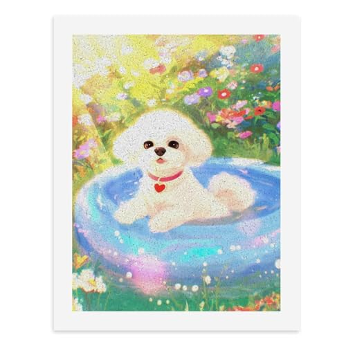 Malen nach Zahlen: Ein süßer weißer Hund, der in einem blauen Pool schwebt, umgeben von bunten Blumen, digitales Gemälde für Erwachsene, Kunstwerk für Wanddekoration, einzigartiger moderner abstrakter von Generisch