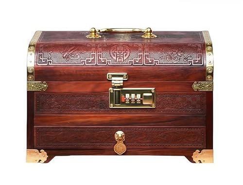 Massivholz geschnitzt Schmuckschatulle mit Schloss Chinesischer Stil Redwood Vintage Mehrschichtige Halskette Armband Schmuckschatulle (Rosewood) von Generisch