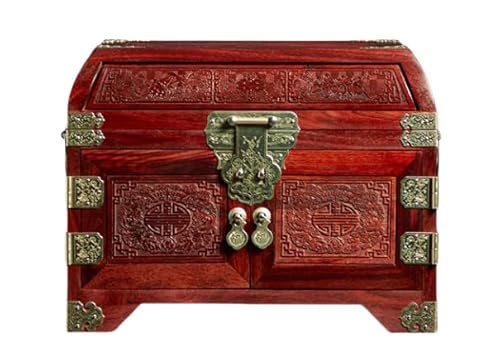 Massivholz geschnitzt Schmuckschatulle mit Schloss Chinesischer Stil Redwood Vintage Mehrschichtige Halskette Armband Schmuckschatulle (Sambia Rosewood) von Generisch