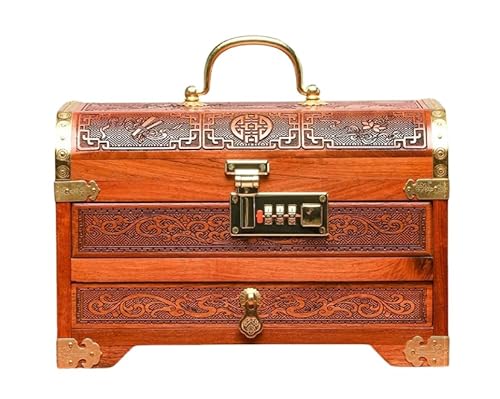 Massivholz geschnitzte Schmuckschatulle mit Schloss Chinesischer Stil Redwood Vintage Mehrschichtige Halskette Armband Schmuckschatulle (Burmese Padauk) von Generisch