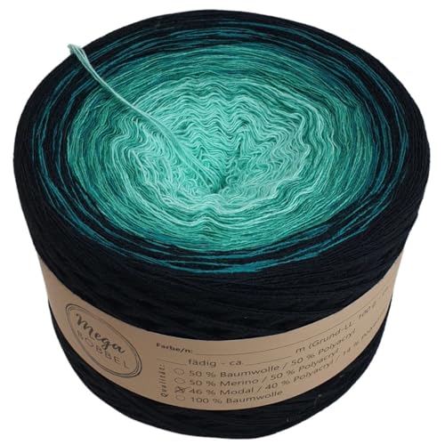 MegaBobbel- MODALmix *Grüner Saphir*AMD38* (Außenfarbe: Schwarz) Farbverlaufsgarn - Lace Garn Bobbel Wolle zum Häkeln & Stricken (3 fädig, 2000m) von Generisch