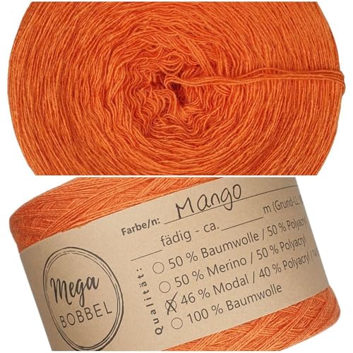 MegaBobbel- MODALmix *UNI-Mango*UMD19* - Lace Garn Bobbel Wolle zum Häkeln & Stricken (einfarbig) (4 fädig, 1500m) von Generisch