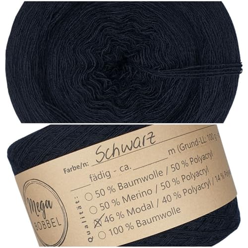MegaBobbel- MODALmix *UNI-Schwarz*UMD18* - Lace Garn Bobbel Wolle zum Häkeln & Stricken (einfarbig) (3 fädig, 500m) von Generisch