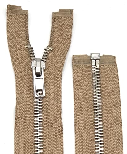 Metall Reißverschluss 6mm teilbar für Jacken und Taschen / 60-65-70-75-80-90 cm (894 Dunkelbeige-silber, 60 cm) von Generisch