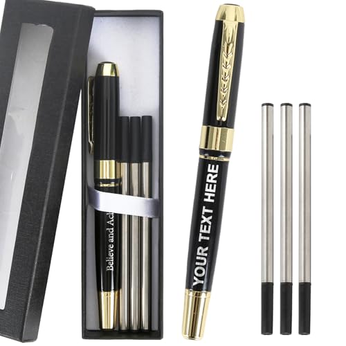 Metall Tintenroller Personalisierter Kugelschreiber mit Lasergravur Wort, Geschenkbox mit 3 Ersatzminen, sanftes Schreiben, 0,5 mm mittlere Spitze, personalisiertes Geschenke (250-Schwarz&Gold) von Generisch