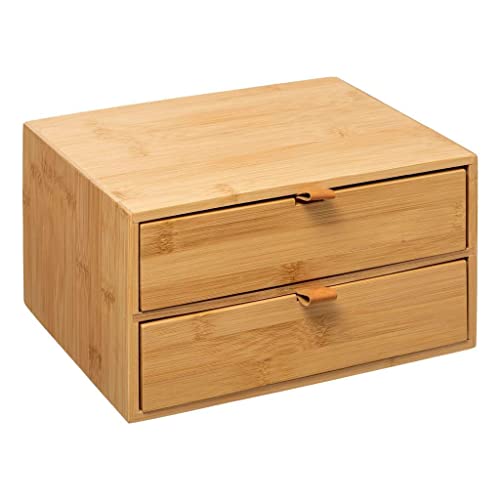 Mex Schubladenbox Schreibtisch Büro Organizer 2 Schubladen aus 100% Bambus Holz mit Kunstlederlasche von Generisch