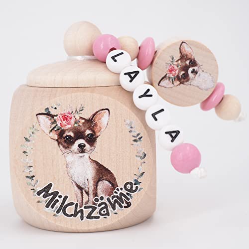 Milchzahndose CHIHUAHUA Hund mit Namen Milchzähne Zahnfee Holz Zahndose Geschenk personalisiert Geburtstag Einschulung Kita von Generisch