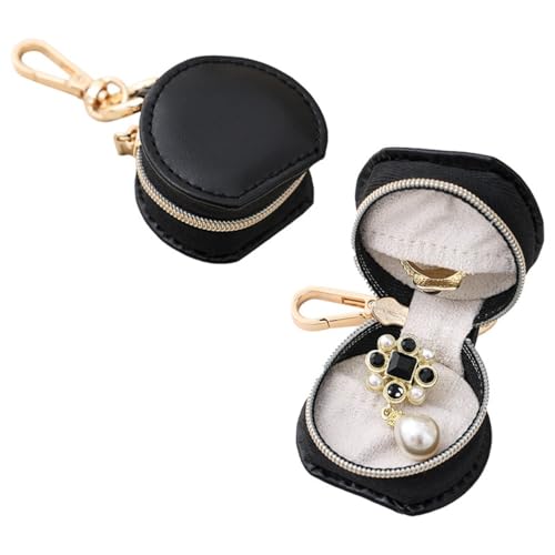 Mini-Reise-Schmuckschatulle, Schlüsselanhänger, tragbarer Ring- und Ohrring-Organizer mit PU-Lederetui, Reißverschluss-Geschenk-Box (schwarz) von Generisch