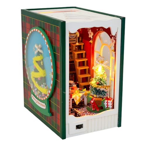 Miniatur-Buchecken-Set, Weihnachtshaus-Szene, handgefertigtes Urlaubs-Buchstützen-Projekt, Winterdorf aus Holz mit Lichtern, künstlerisches Ausstellungsstück für Kinder, Basteltisch oder von Generisch