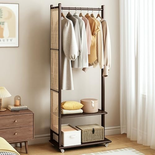 Mobiler freistehender Bambus-Garderobenständer mit Rattan-Panel und 2 Ablagen, platzsparend, für Eingangsbereich, Flur, Schlafzimmer, Büro (Braun, 46 cm) von Generisch