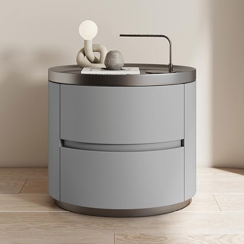 Moderner minimalistischer Nachttisch aus Massivholz mit ovalem Design, doppelte Schubladen, weiße Kommode aus Holz, Nachttisch, stilvoller Schubladenschrank für Schlafzimmer von Generisch