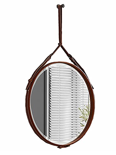 Moderner runder Wandspiegel zum Aufhängen mit Lederband, dekorativer Akzent für Zuhause, Badezimmer, Schlafzimmer, Wohnzimmer, Eingangsbereich, erhältlich in Braun, Orange, Schwarz (50,8 cm, 61,1 cm von Generisch