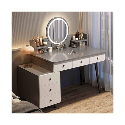 Modernes Make-up-Schreibtisch-Set, Schminktisch mit einstellbarer Helligkeit, mehrschichtige Aufbewahrung, Kommode für Schlafzimmer, Schminktisch aus Holz in Grau (100–120 cm/39,4–47) von Generisch
