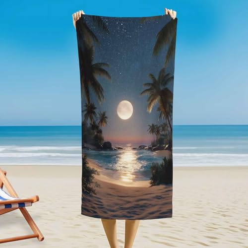 Mond Magnetisches Badetuch - 180 x 90 cm, Tropischer Strand Palmen Sterne Strandtuch für Strand, Schwimmen, Sandfrei & Schnelltrocknend Strandhandtuch Handtuch mit Magnetverschluss von Generisch