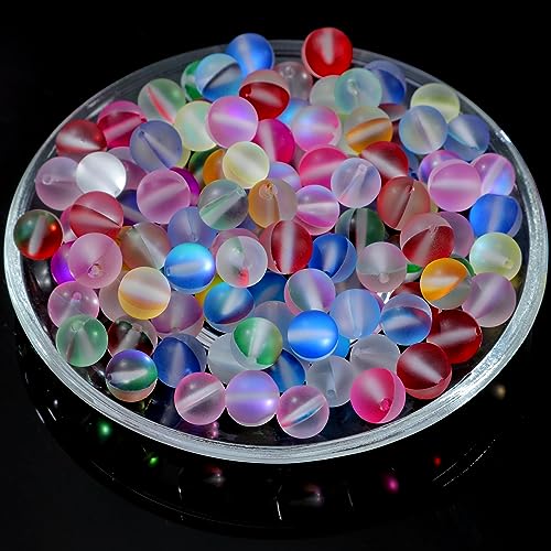 Mondstein-Glasperlen, matt, schillernd, Meerjungfrauen-Aurora, mattiert, Glitzer-Perlen für Armbänder, DIY-Schmuckherstellung (6 mm, matt gemischt), 100 Stück von Generisch
