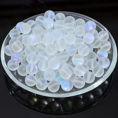 Mondstein-Glasperlen, matt, schillernd, Meerjungfrauen-Aurora, mattiert, Glitzer-Perlen für Armbänder, DIY-Schmuckherstellung (8 mm, mattweiß), 100 Stück von Generisch
