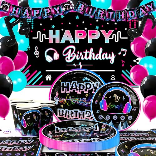 Music Deko Party Geburtstag Zubehör, 155 Pcs Music Party Deko & Geschirr Set - Music Luftballons Hintergrund Banner & Music Party Servietten Teller Pappbecher etc Music Thema Party Dekoration von Generisch