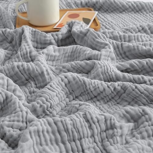 Musselin Decke, Muslin Blanket, Universale Sofadecke Leichte Bequeme Baumwoll Musselin Decke FüR Ganze Saison, 6-lagiges Baumwollgarn, 40er-Zahl (Hellgrau,200 * 230 cm) von Generisch