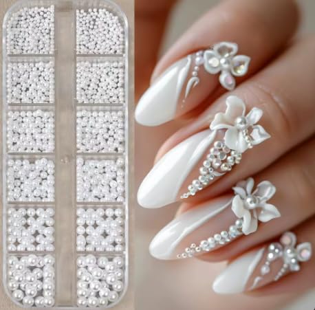 Nagelkunst Dekorations-Set, Perlweiß Runde Kaviarperlen, Strass-Steinchen für Maniküre, 12 Fächer Nagelkunst Dekorations-Set, Perlweiß Runde Kaviarperlen, Strass-Steinchen für Maniküre, 12 Fächer von Generisch