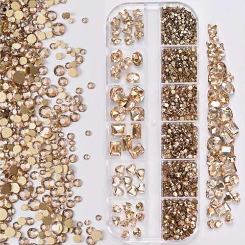 Nail Art Strass steine-Kristall klar Flat back Strass steine, 3D Multi Form Größe Kristall, Champagner Gold Nagel Edelsteine, mit Kit, für DIY Dekorationen von Generisch