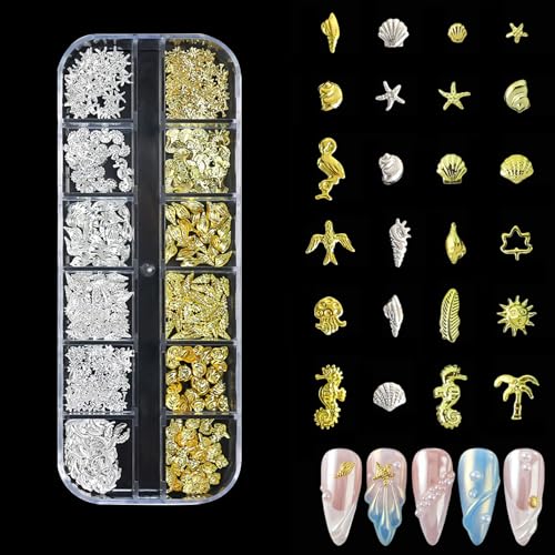 Nail Charms, Sommer Muschel NagelkunstCharms, Gold Strand Ozeannieten Nagelschmuck, Gold Silber Stern Schleifen Nail Charms Strasssteine, Ozean Thema Nagel Steinchen für Frauen CharmsNägel (A) von Generisch