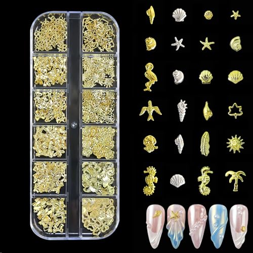 Nail Charms, Sommer Muschel NagelkunstCharms, Gold Strand Ozeannieten Nagelschmuck, Gold Silber Stern Schleifen Nail Charms Strasssteine, Ozean Thema Nagel Steinchen für Frauen CharmsNägel (B) von Generisch