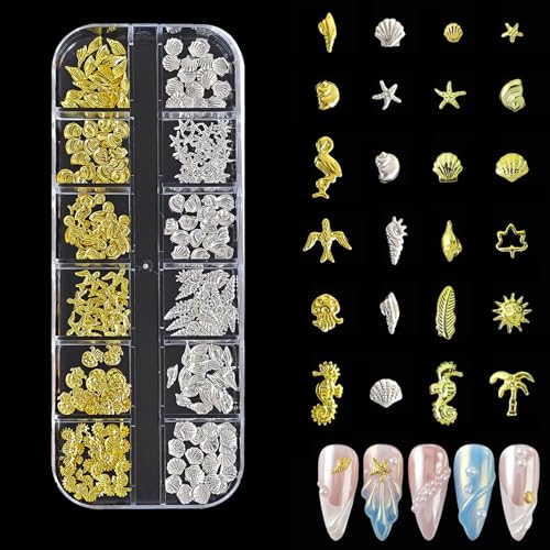 Nail Charms, Sommer Muschel NagelkunstCharms, Gold Strand Ozeannieten Nagelschmuck, Gold Silber Stern Schleifen Nail Charms Strasssteine, Ozean Thema Nagel Steinchen für Frauen CharmsNägel (C) von Generisch