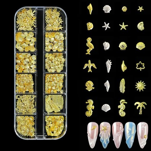 Nail Charms, Sommer Muschel NagelkunstCharms, Gold Strand Ozeannieten Nagelschmuck, Gold Silber Stern Schleifen Nail Charms Strasssteine, Ozean Thema Nagel Steinchen für Frauen CharmsNägel (D) von Generisch