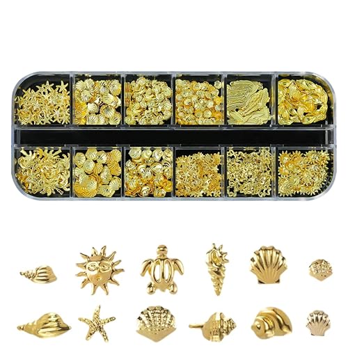 Sommer Muschel Nagelkunst Charms,Gold Strand Ozeannieten Nagelschmuck,Koralle Seestern Strasssteine Nägel,Diamanten für Nagelkunst,3D Ocean Nail für Frauen,für Nagel Dekorationen DIY (Gold-B) von Generisch