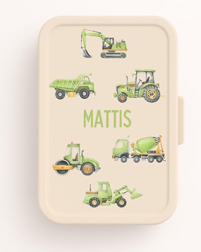 Namensaufkleber Baustelle grün personalisiert – Sticker mit Namen – spülmaschinenfest – Bagger, Kran, Betonmischer – für Brotdose, Flasche, Kita, Schule – A6, A5, A4 (A5 (14,8 × 21 cm)) von Generisch