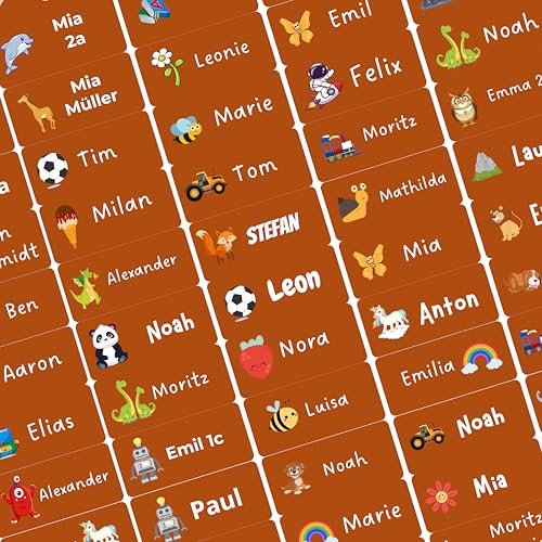 Namensaufkleber für Kinder (85 Stück) 15 Farbauswahl personalisiert - Made in Germany für Flaschen Brotdosen Stifte Hefte (Zimtbraun) von Generisch