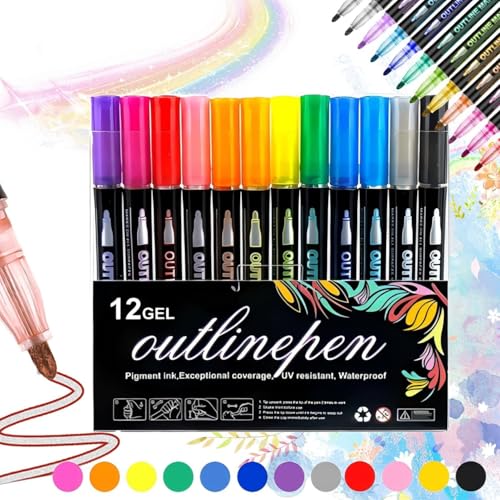 Neattidyly/Sakesfor Marker-Stift zum Hervorheben, 12 Glitzerstifte, Konturmarker-Stifte, doppelte Linie, schnell trocknende Konturmarker, Geburtstagsgeschenke für Mädchen (12pcs) von Generisch