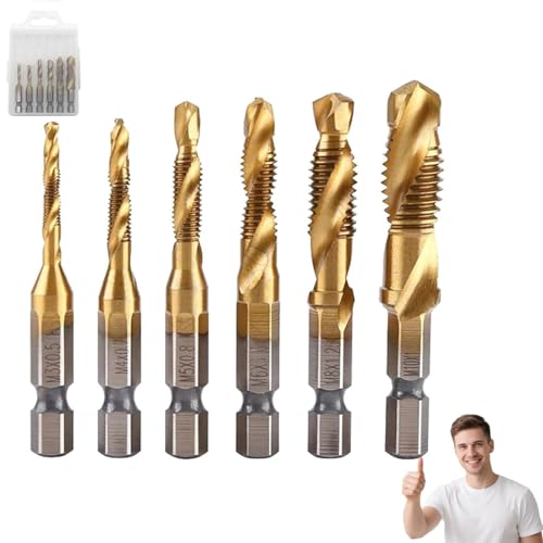 Neattidyly 3 in 1 Spiral Tap Hex Shank Drill Bit Set, Neattidyly 3 in 1 Drill Tap, M3/M4/M5/M6/M8/M10 Professional Thread tap Drill Bit Set, Quick Change Impact Driver (Gold-Short) von Generisch