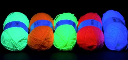 Neon Uv Schwarzlicht Wolle Set 5x 50g farbmix 2,20€/Stück grün gelb pink weiß orange von Generisch