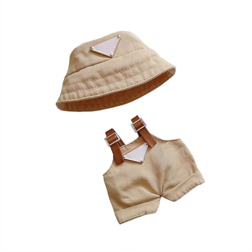 Niedliche Kleidung für 17 cm große Labubu-Puppen - Hut & Hosenträger Kostüm für Baumwollpuppen, lebendiges rosa D-Outfit, exquisites Zubehör für Labubu (Braun) von Generisch