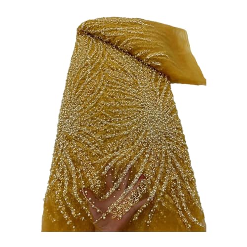 Nigerianischer handgefertigter Perlen-Tüll-Spitzenstoff, afrikanische Luxus-Pailletten, Perlen, Netzstoff für Brautkleid, Ballkleid von Generisch