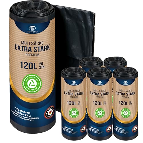 !!! Nirgendwo Günstiger !!! Profi Müllsäcke 120L EXTRA STARK - 70 μ - 100% Recycelt - (20 bis 600 Säcke wählbar) - Rollengewicht 1,6 kg - XXL Mülltüten (100) von Generisch