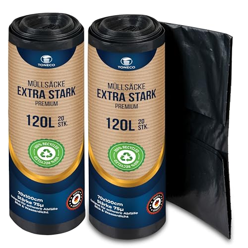 !!! Nirgendwo Günstiger !!! Profi Müllsäcke 120L EXTRA STARK - 75μ -100% Recycelt - (20 bis 600 Säcke wählbar) - Rollengewicht 1,8 kg - XXL Mülltüten (40) von Generisch