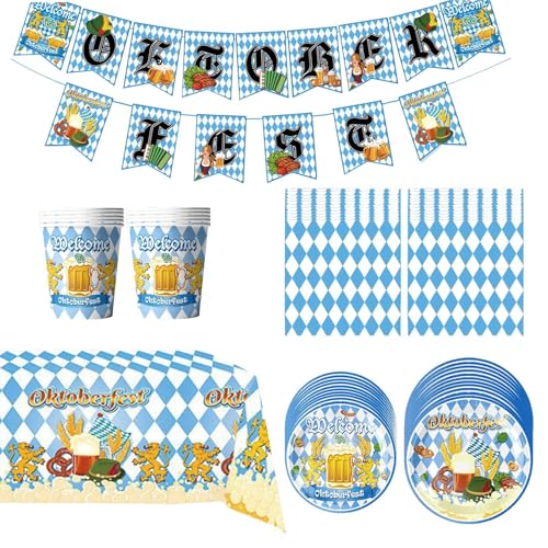 Oktoberfest Deko,Festdekoration Tischdecke Tischgeschirr - Blaue Weiße Lebhafte Farben Servietten Becher Girlanden Für Zelt Garten Park von Generisch