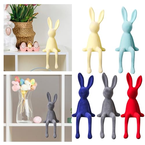 Osterdeko Deko Hase Sitzend beflockt Osterhase Frühling Osterdeko für Tisch Fensterbank & Wohnzimmer Dekorativer Putziger Osterhase Hasi mit Beflockte (D, One Size) von Generisch